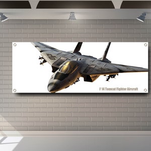 Może przedstawiać: Biały baner z szarym myśliwcem F-14 Tomcat na białym tle. Baner zawiera napis "F-14 Tomcat Fighter Aircraft" u dołu.