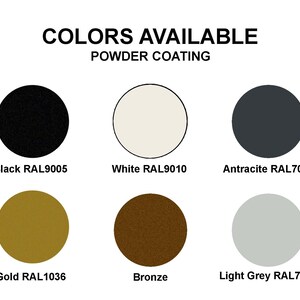May include: Six color swatches showing powder coating options for a product. The colors are black, white, anthracite, gold, bronze, and light grey. Each color swatch is labeled with the RAL color code.
