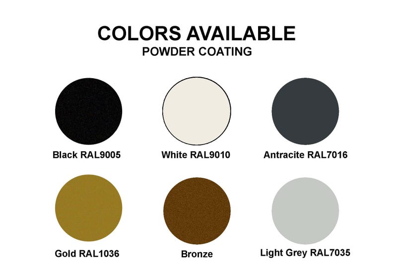 May include: Six color swatches showing powder coating options for a product. The colors are black, white, anthracite, gold, bronze, and light grey. Each color swatch is labeled with the RAL color code.