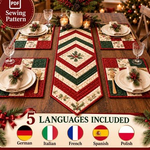 Christmas Table Runner Pattern & Quilted Placemat Pattern PDF, Chevron Holiday Table Topper Quilt, Christmas Patchwork Table Decor Set