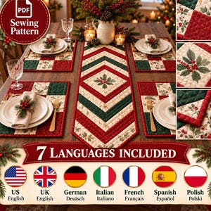 Christmas Table Runner Pattern & Quilted Placemat Pattern PDF, Chevron Holiday Table Topper Quilt, Christmas Patchwork Table Decor Set