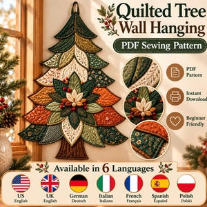 Christmas Tree Quilt Pattern PDF, Quilted Christmas Wall Hanging Pattern, Poinsettia Applique Holiday Sewing Pattern, DIY Christmas Decor