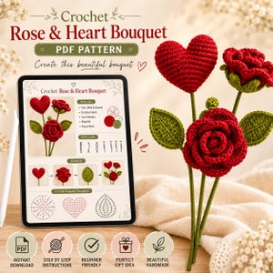 Häkelanleitung für einen Rosen- und Herzstrauß, roter Rosenstrauß, Valentinstags-Amigurumi, PDF-Sofortdownload, Geschenk zum Jahrestag