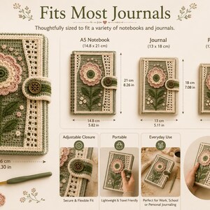 Puede incluir: Una funda de ganchillo para cuaderno con un motivo de flor grande en rosa y verde y cierre de bot&oacute;n. La funda se muestra en varios tama&ntilde;os, incluyendo 22 cm por 16 cm, 21 cm por 14,8 cm, 18 cm por 13 cm y 17 cm por 12 cm, con el texto Fits Most Journals.