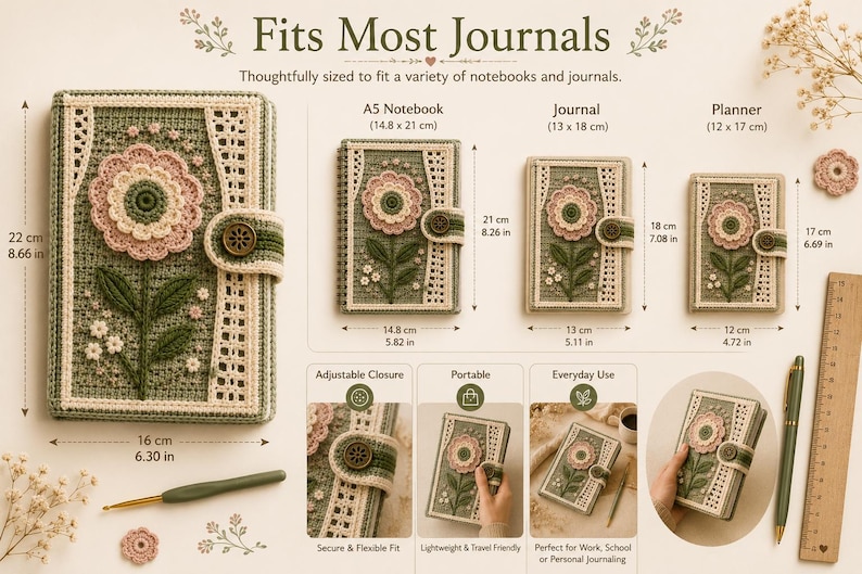 Puede incluir: Una funda de ganchillo para cuaderno con un motivo de flor grande en rosa y verde y cierre de bot&oacute;n. La funda se muestra en varios tama&ntilde;os, incluyendo 22 cm por 16 cm, 21 cm por 14,8 cm, 18 cm por 13 cm y 17 cm por 12 cm, con el texto Fits Most Journals.