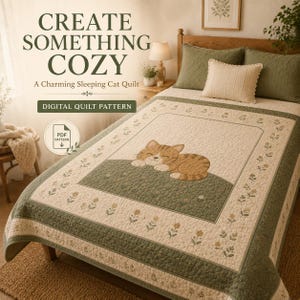 Sovande katt Quiltmönster PDF, Applikationsquilt för katt, Sömnadsmönster för orange tabbykattfilt, Cottagecore botaniskt quilt, Digital nedladdning