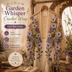 May include: A beige crochet wrap featuring purple floral embellishments and dragonfly motifs. The text reads Garden Whisper Crochet Wrap, PDF PATTERN, Instant Digital Download, Easy to Follow Step-by-Step Instructions, Create a Timeless Handmade Piece, Elegant Botanical Lace Design.