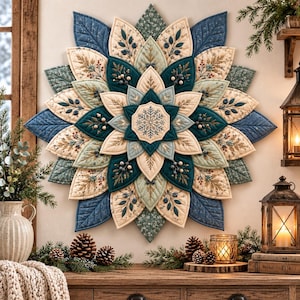 May include: A circular wall hanging featuring layered fabric petals in shades of navy blue, teal, cream, and sage green. The design includes embroidered botanical sprigs, berries, and a central snowflake motif, creating a dimensional floral star pattern.
