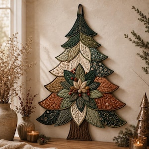 May include: A quilted wall hanging shaped like a Christmas tree, featuring layered fabric leaves in shades of forest green, cream, rust, and brown. The center is decorated with a cluster of fabric leaves and small red berries, with a brown trunk.