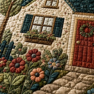 May include: A quilted fabric wall hanging featuring a house scene with a red door, a wreath, a window with dark blue shutters, and a flower box. The foreground displays a garden with red, orange, and blue fabric flowers, green leaves, and a fence.