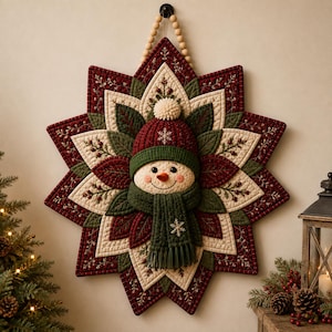 May include: A quilted wall hanging shaped like a large star with a central snowman face. The snowman wears a dark red knit hat with a white pom-pom and a dark green scarf. The star features layers of red, green, and cream fabric with embroidery.