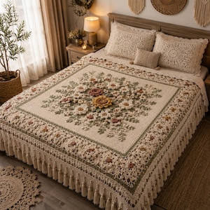 May include: A cream-colored crochet bedspread featuring a central floral motif with raised, textured flowers in shades of yellow, pink, and green. The edges are finished with an intricate lace border and long tassels, matching two crochet pillow shams.