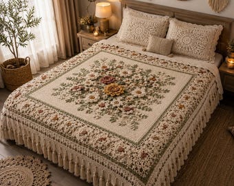 Patrón de colcha floral de ganchillo, manta bohemia con flores y borlas, cubrecama vintage de encaje, descarga instantánea en PDF, manta para dormitorio