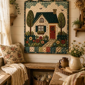 May include: A rectangular fabric wall hanging featuring a quilted scene of a house with a dark green roof, a red door, and a chimney. The house is surrounded by green trees, a blue fence, and colorful flowers against a cream sky with clouds.