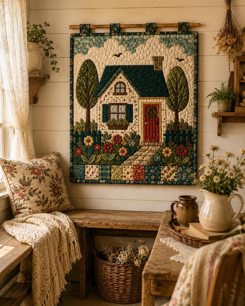 May include: A rectangular fabric wall hanging featuring a quilted scene of a house with a dark green roof, a red door, and a chimney. The house is surrounded by green trees, a blue fence, and colorful flowers against a cream sky with clouds.