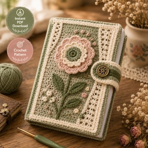 May include: A rectangular notebook cover featuring sage green crochet fabric with a large, layered pink and cream flower applique. The cover includes cream-coloured lace-like borders, a green and cream tab closure with a bronze button, and small floral details.