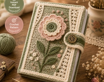 May include: A rectangular notebook cover featuring sage green crochet fabric with a large, layered pink and cream flower applique. The cover includes cream-coloured lace-like borders, a green and cream tab closure with a bronze button, and small floral details.