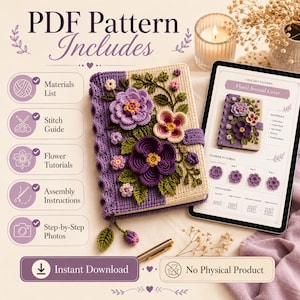 Crochet Floral Journal Cover Pattern, Purple Flower Book Sleeve, Notebook Cover with Button, PDF Instant Download, Diary Case