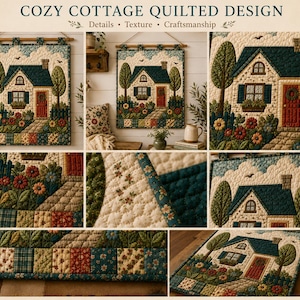May include: A wall hanging featuring a quilted design titled COZY COTTAGE QUILTED DESIGN. The textile art depicts a house with a dark blue roof, cream walls, a red door, and a garden with colorful flowers, green trees, and a stone path.