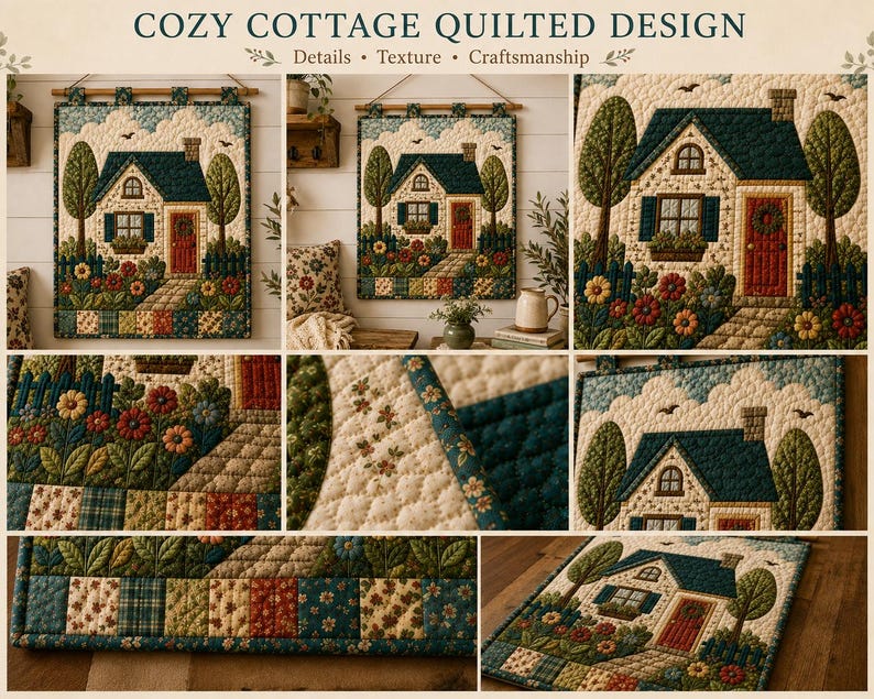 May include: A wall hanging featuring a quilted design titled COZY COTTAGE QUILTED DESIGN. The textile art depicts a house with a dark blue roof, cream walls, a red door, and a garden with colorful flowers, green trees, and a stone path.