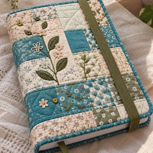 Nähanleitung für einen gesteppten Buchumschlag (PDF), bestickter floraler Patchwork-Notizbuchumschlag, Stoff-Notizbuchumschlag mit Gummiband, Geschenk für Bücherliebhaber