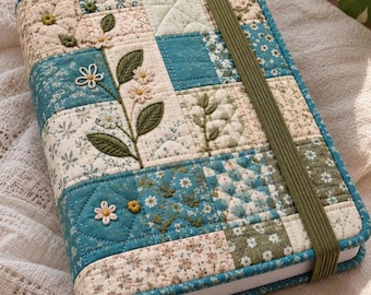 Quilted Book Cover Sewing Pattern PDF, Embroidered Floral Patchwork Journal Cover, Fabric Notebook Cover with Elastic, Book Lover Gift