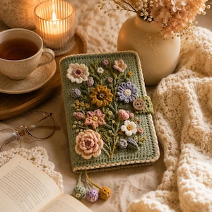 May include: A sage green crochet notebook cover featuring a three-dimensional floral arrangement with white, yellow, pink, and lavender blossoms. The cover includes a small wooden button closure and three dangling crochet spheres at the bottom edge.