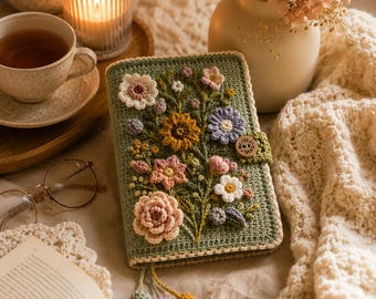 May include: A sage green crochet notebook cover featuring a three-dimensional floral arrangement with white, yellow, pink, and lavender blossoms. The cover includes a small wooden button closure and three dangling crochet spheres at the bottom edge.
