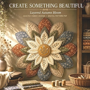 May include: A quilted fabric wall hanging featuring a layered flower design with petals in shades of cream, olive green, rust orange, and dusty blue. The text reads CREATE SOMETHING BEAUTIFUL, Layered Autumn Bloom, QUILTED FABRIC DESIGN, DIGITAL PATTERN PDF.
