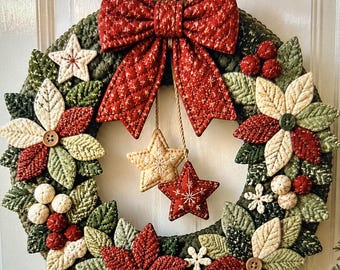 Christmas Quilted Wreath Pattern PDF, Poinsettia Wreath Sewing Pattern, Quilted Christmas Door Decor, Holiday Wall Hanging Quilt Pattern