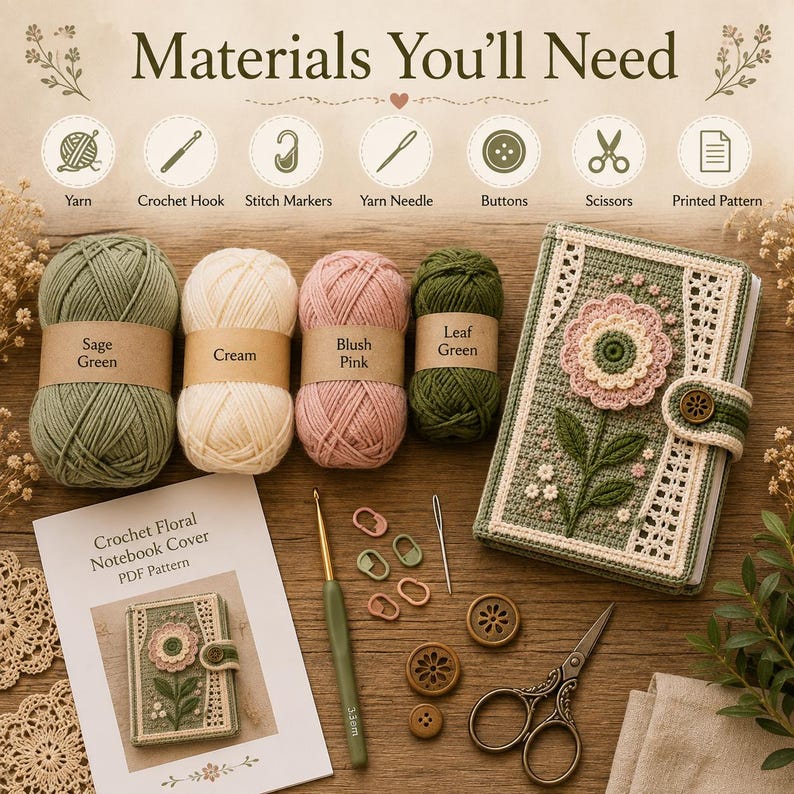 Puede incluir: Un kit de ganchillo con cuatro ovillos de lana en verde salvia, crema, rosa empolvado y verde hoja, un ganchillo, marcadores de puntos, una aguja lanera, botones, tijeras, un patr&oacute;n impreso y una funda de cuaderno floral terminada con bot&oacute;n.