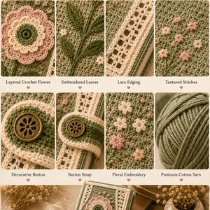 Puede incluir: Un collage titulado Beautiful Handmade Details que muestra una funda de diario de ganchillo verde con flores rosas en capas, hojas bordadas, bordes de encaje y una correa con un bot&oacute;n decorativo de color bronce.