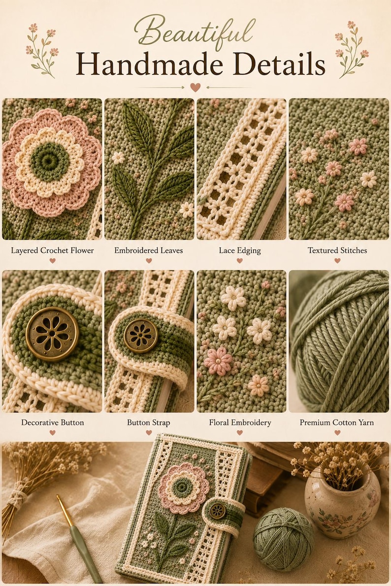 Puede incluir: Un collage titulado Beautiful Handmade Details que muestra una funda de diario de ganchillo verde con flores rosas en capas, hojas bordadas, bordes de encaje y una correa con un bot&oacute;n decorativo de color bronce.