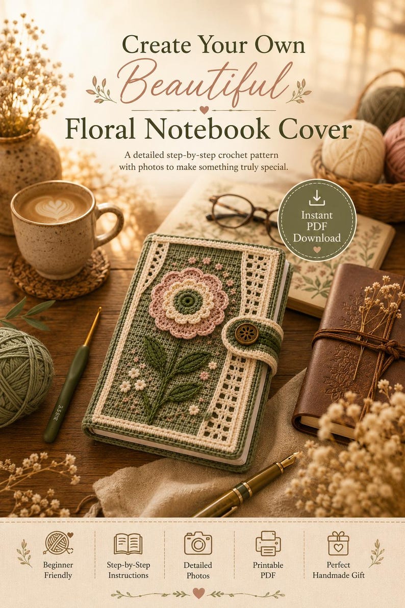 Puede incluir: Un patr&oacute;n de ganchillo para una funda de cuaderno floral titulada Create Your Own Beautiful Floral Notebook Cover. La funda presenta un fondo verde con una flor rosa, hojas verdes y un cierre de bot&oacute;n. Incluye texto para descarga instant&aacute;nea en PDF.