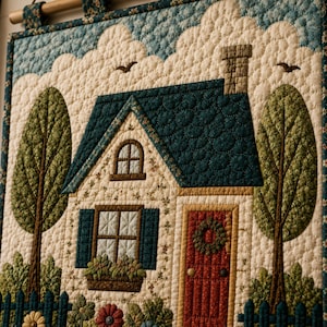 May include: A quilted wall hanging featuring a house with a dark teal roof, a red door with a wreath, and a window with a flower box. The scene includes two tall green trees, a blue fence, and a light cream background with clouds and birds.