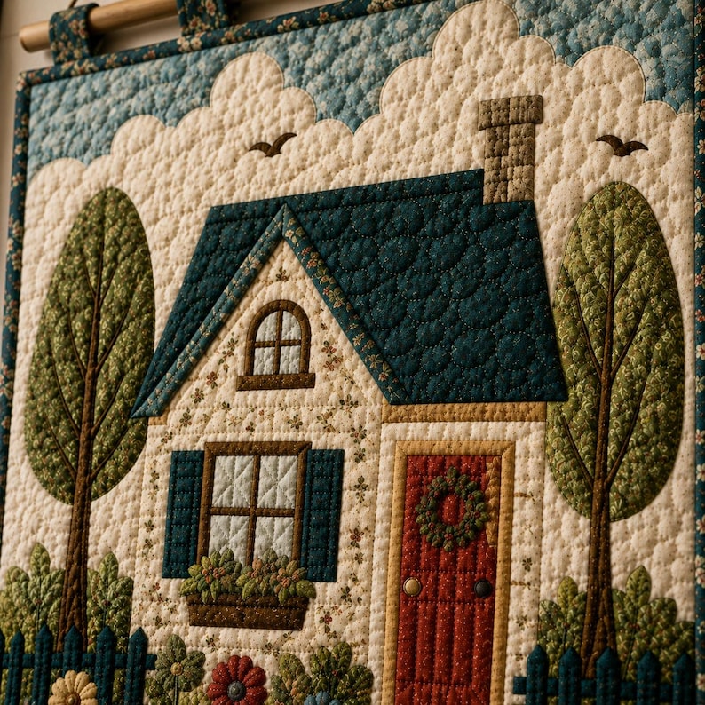 May include: A quilted wall hanging featuring a house with a dark teal roof, a red door with a wreath, and a window with a flower box. The scene includes two tall green trees, a blue fence, and a light cream background with clouds and birds.