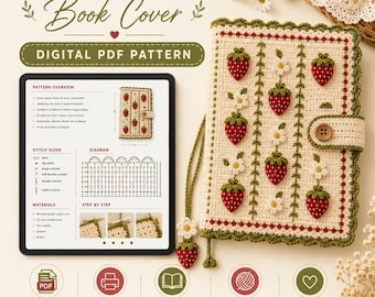 May include: A digital PDF pattern for a crochet strawberry book cover. The cover is cream-coloured with red strawberries, white flowers, and green vines. It features a scalloped green border and a button closure. A matching strawberry charm hangs.