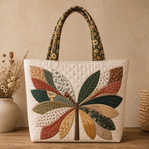 May include: A quilted tote bag in cream fabric featuring a central leaf-shaped appliqué design made from various patterned fabrics in shades of green, brown, orange, and yellow. The bag has two matching floral-patterned fabric handles.
