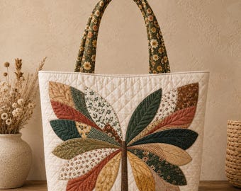 May include: A quilted tote bag in cream fabric featuring a central leaf-shaped appliqué design made from various patterned fabrics in shades of green, brown, orange, and yellow. The bag has two matching floral-patterned fabric handles.