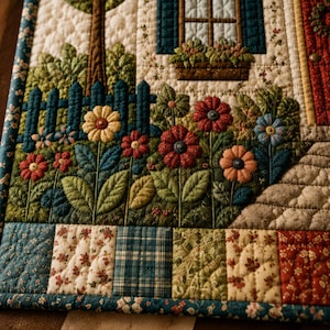 May include: A quilted wall hanging featuring a garden scene with red, yellow, and blue fabric flowers, a dark blue picket fence, and a window with a flower box. The bottom border consists of various patterned fabric squares in floral and plaid prints.