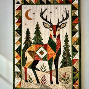 Deer Quilt Pattern PDF, Woodland Stag Wall Hanging, Pine Tree Patchwork Quilt, Rustic Cabin Decor, Applique Quilting Pattern Download