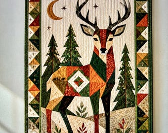Deer Quilt Pattern PDF, Woodland Stag Wall Hanging, Pine Tree Patchwork Quilt, Rustic Cabin Decor, Applique Quilting Pattern Download