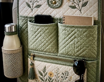 Quilted Car Seat Organizer Sewing Pattern PDF, Backseat Organizer, Floral Car Caddy, DIY Seat Back Storage, Hanging Car Organizer