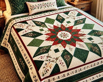 Christmas Quilt Pattern PDF | Christmas Star Quilt Bed Pattern, Holiday Patchwork Quilt, Winter Bedding Sewing Pattern, Instant Download
