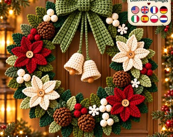 Crochet Christmas Wreath Pattern PDF | Christmas Door Wreath Crochet Pattern | Poinsettia Holiday Wreath | Winter Crochet Decor