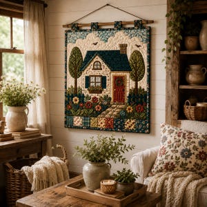 May include: A rectangular fabric wall hanging featuring a quilted scene of a house with a dark blue roof, a red door, and a stone path. The house is surrounded by green trees and a colorful flower garden, all framed by a dark blue floral border.