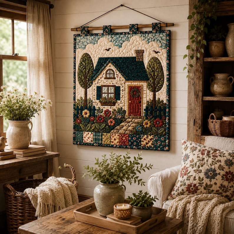 May include: A rectangular fabric wall hanging featuring a quilted scene of a house with a dark blue roof, a red door, and a stone path. The house is surrounded by green trees and a colorful flower garden, all framed by a dark blue floral border.