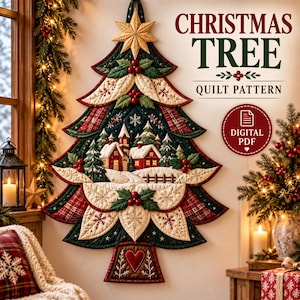 May include: A wall-hanging Christmas tree quilt pattern featuring a layered design with dark green, red plaid, and cream fabric sections. The quilt displays a winter village scene with snow-covered houses, a gold star topper, and holly accents.