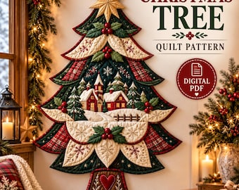 May include: A wall-hanging Christmas tree quilt pattern featuring a layered design with dark green, red plaid, and cream fabric sections. The quilt displays a winter village scene with snow-covered houses, a gold star topper, and holly accents.
