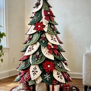 Quilted Christmas Tree Pattern PDF, 3D Fabric Christmas Tree Sewing Pattern, Poinsettia Applique Holiday Decor, Digital Quilt Pattern